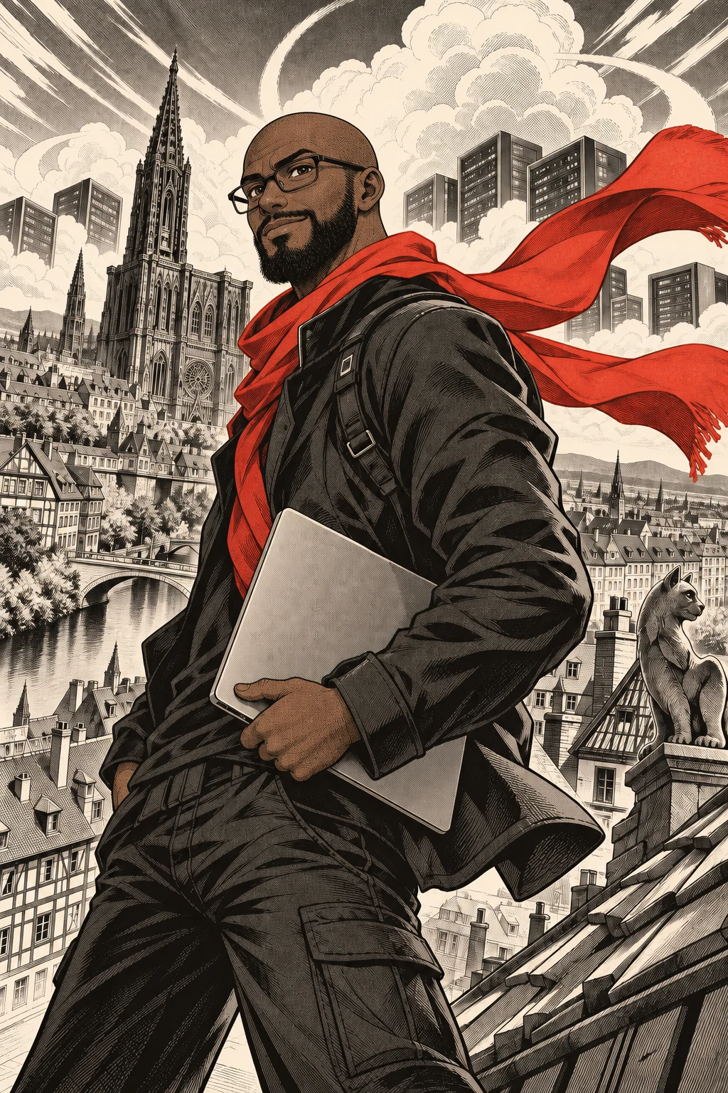 Original manga illustration of the systems engineer with a red scarf and laptop above Strasbourg rooftops and server towers.
